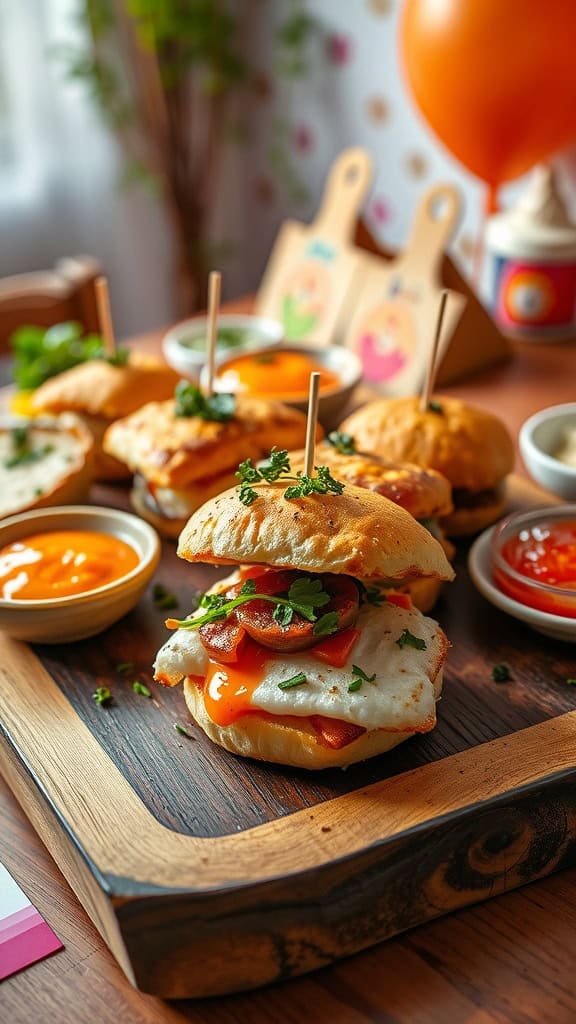 Crispy fish sliders served on a wooden platter with toppings and sauces.