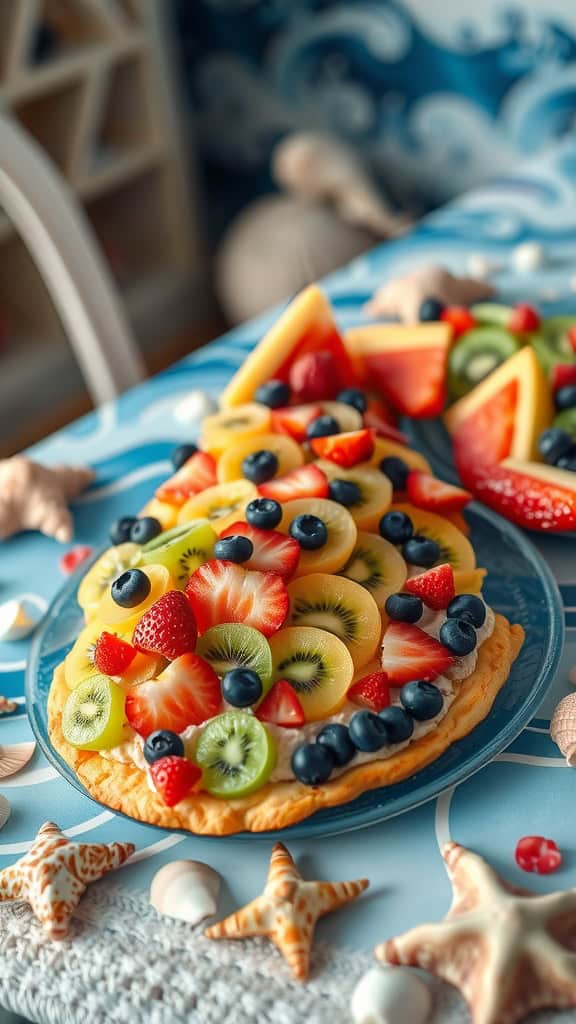 Colorful Fish Scale Fruit Pizza decorated with various fruits