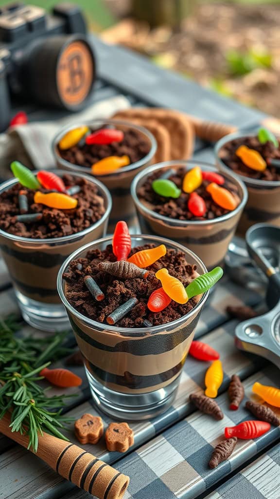 Colorful fishing-themed dirt and worms dessert cups