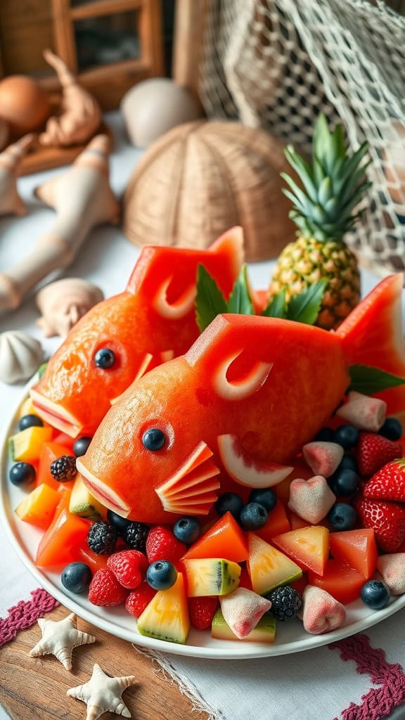 A colorful fishing-themed fruit platter with watermelon shaped like fish, surrounded by various fresh fruits.