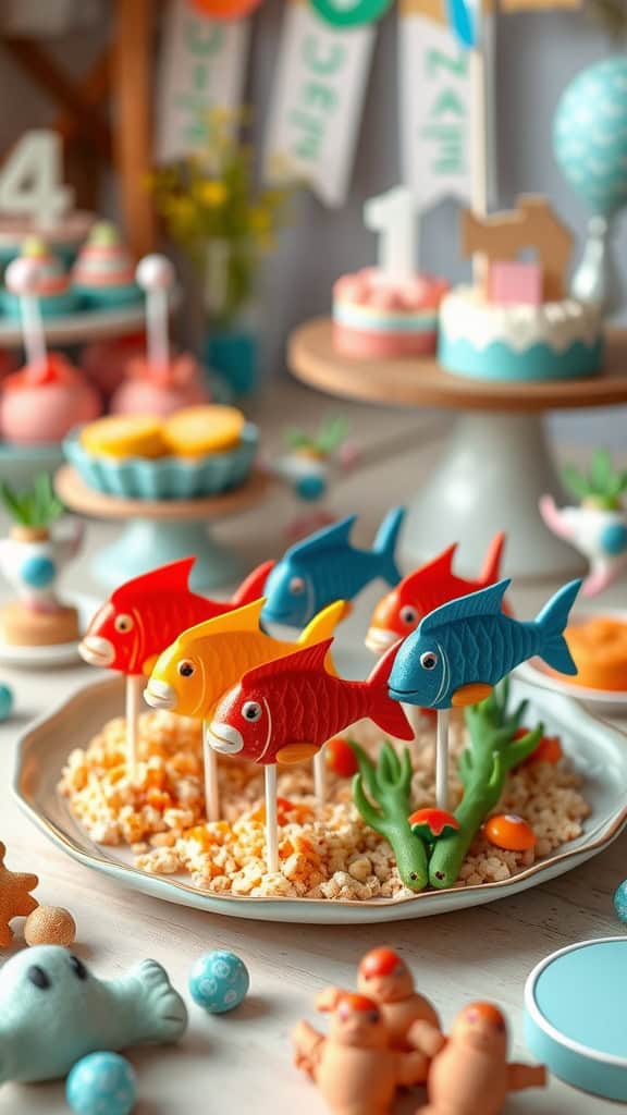 Colorful fish cake pops arranged on a plate, perfect for a birthday party.