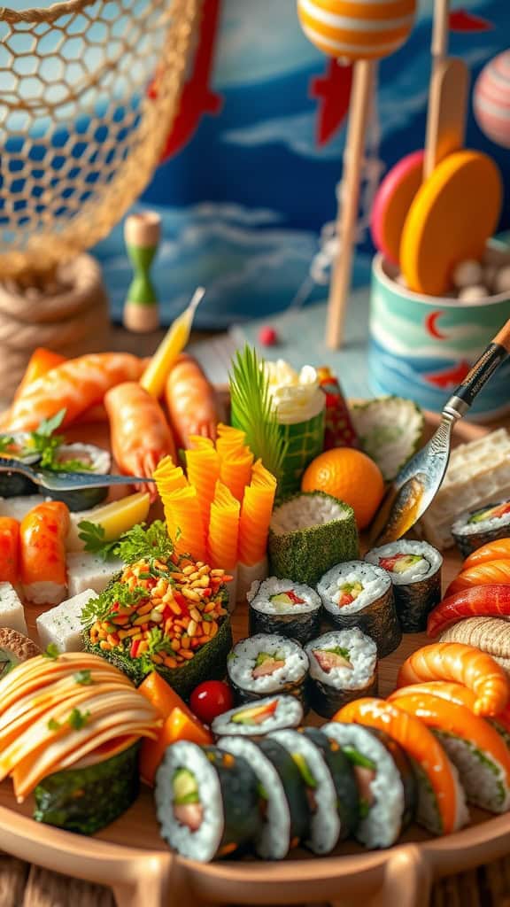 A vibrant platter featuring assorted sushi and seaweed wraps