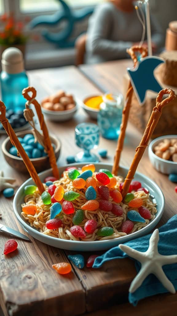 Fishing Pole Pretzel Rods decorated with gummy fish and sprinkles.