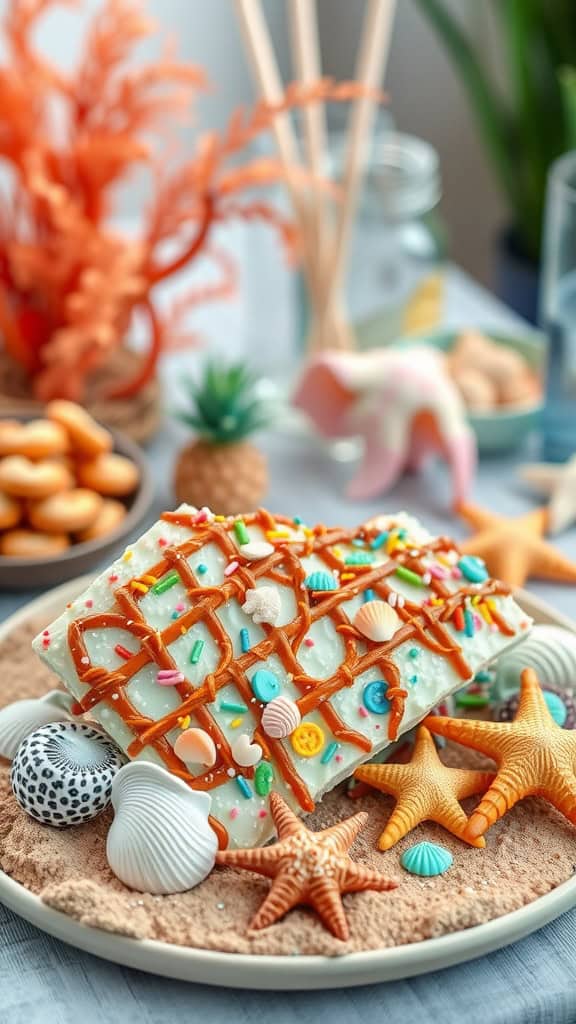 Colorful Fishnet Pretzel Bark decorated with sprinkles and candy shells on a sandy plate.