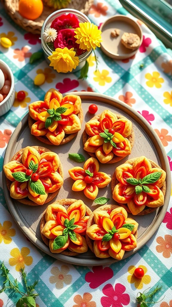 Colorful flower-shaped mini pizzas with a variety of toppings on a wooden platter.