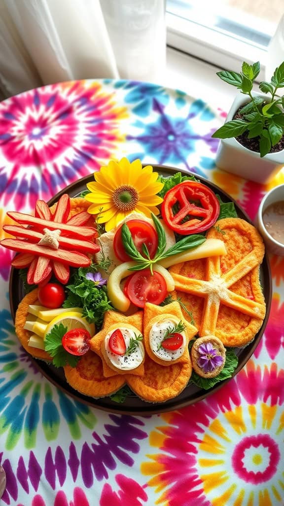 A vibrant flower power sandwich platter with fun-shaped sandwiches and fresh vegetables