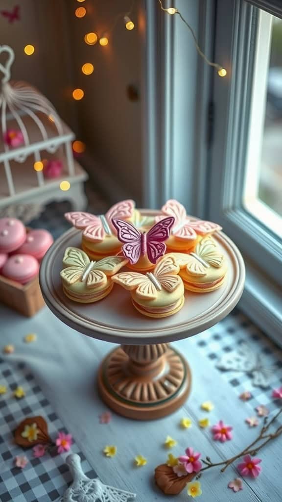 Elegant butterfly-shaped macarons in pastel colors