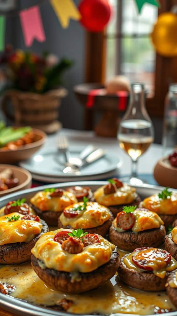 Stuffed mushrooms with sausage and cheese on a platter