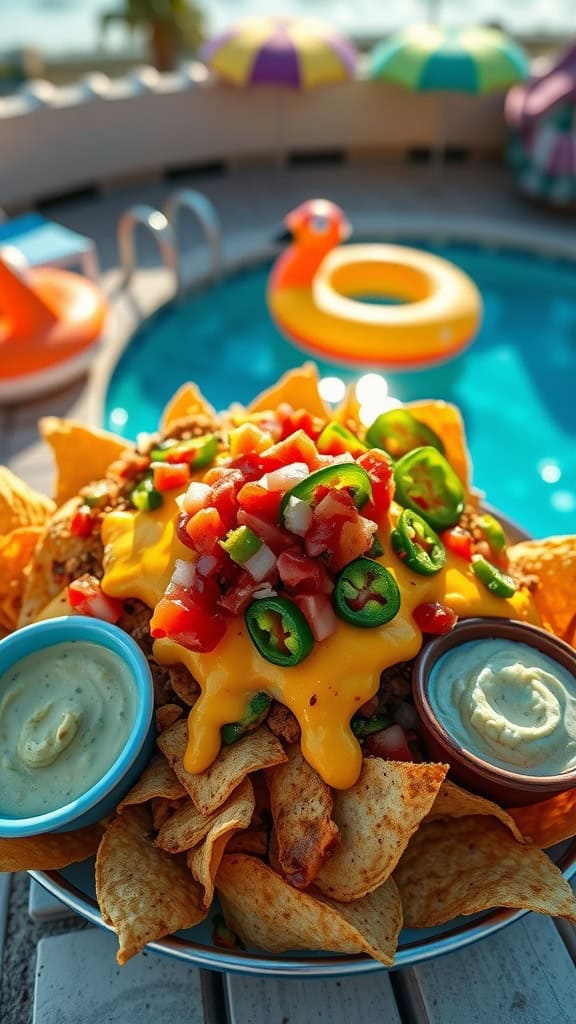 A plate of loaded nachos topped with cheese, tomatoes, and jalapeños, served with creamy avocado dip.