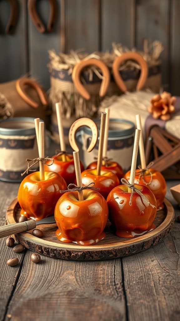 A platter of caramel apples with wooden sticks, decorated with toppings.