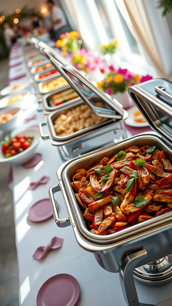 A beautifully arranged buffet table with a variety of colorful roasted vegetables.