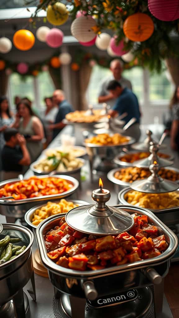 A selection of warm buffet dishes in chafing dishes at a party, showcasing a variety of food options.