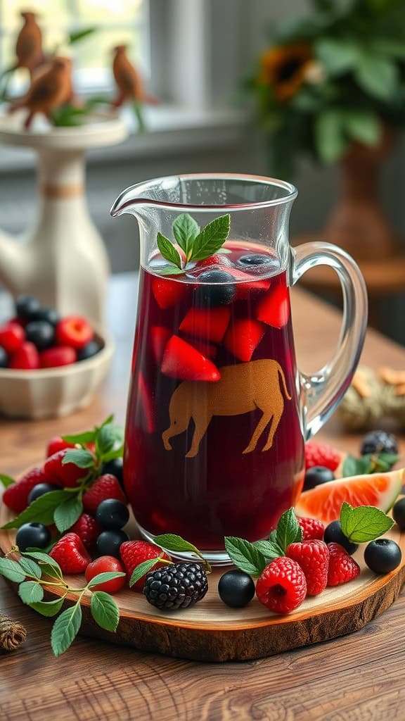 A pitcher of colorful berry punch surrounded by fresh berries and mint leaves.