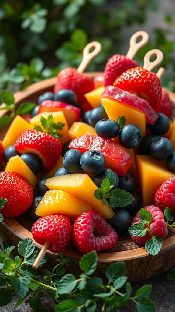 Colorful fruit skewers with strawberries, blueberries, mangoes, and raspberries, garnished with mint.