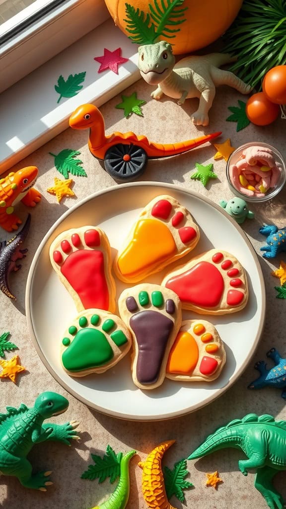 Fossilized Dino Cookies on a plate, decorated with colorful icing.