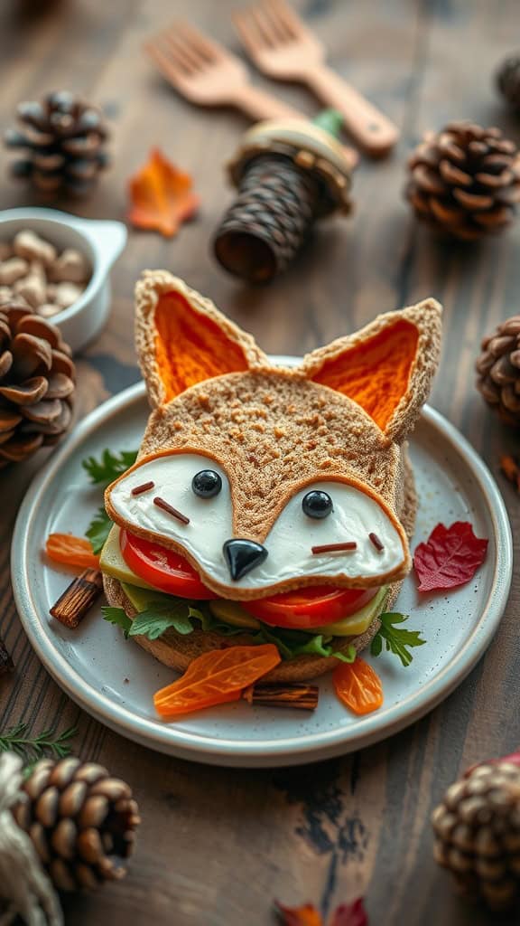 A creatively designed sandwich resembling a fox with ears made from bread and decorated with vegetables.