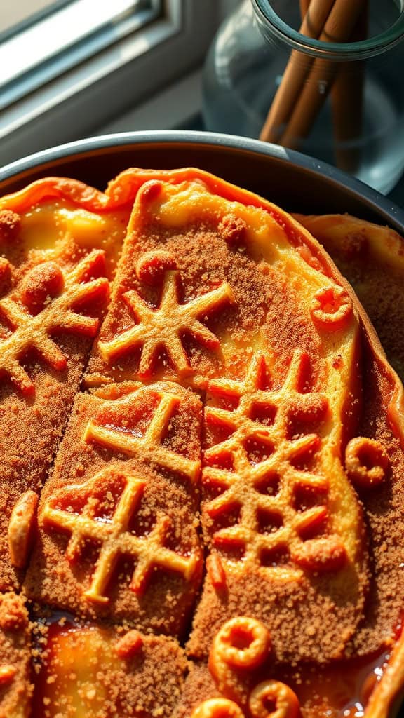 A close-up of a delicious French Toast Casserole, topped with brown sugar and intricate designs.