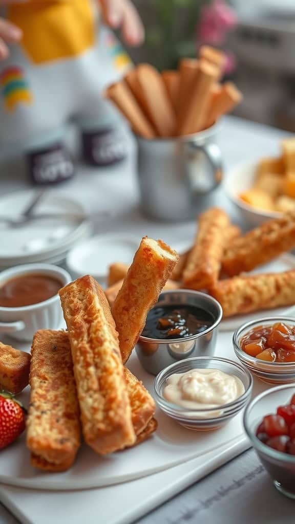 Delicious French toast sticks served with various dipping sauces.