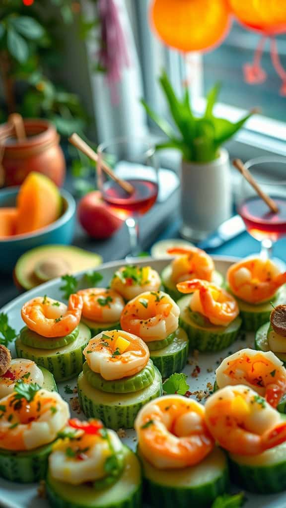 Avocado shrimp cucumber bites served on a platter