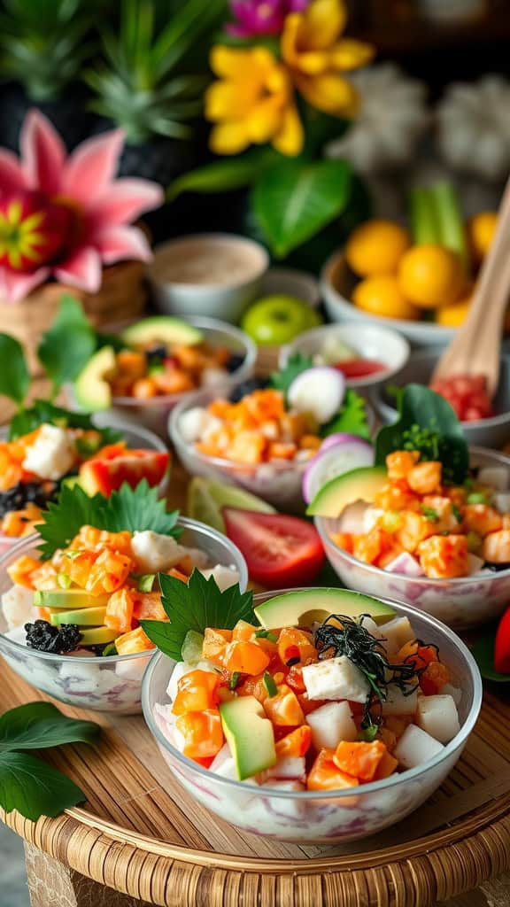 A colorful assortment of fresh poke bowls with fish, vegetables, and garnishes.