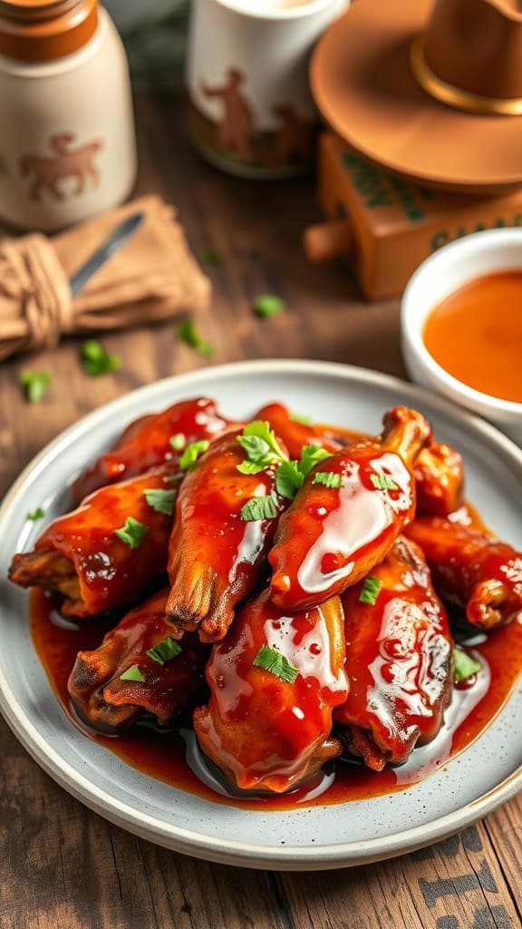 Delicious frontier-style chicken wings coated in sweet and spicy sauce