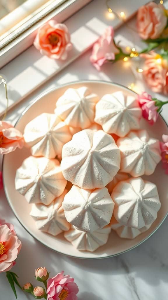 Frosted Fairy Cloud Meringues on a plate surrounded by flowers