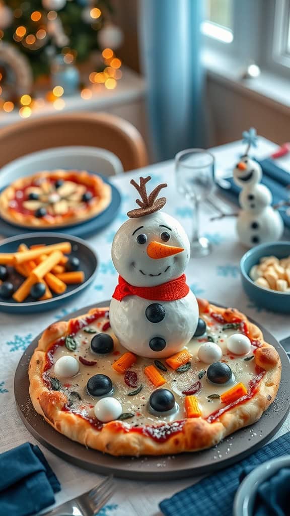 Build-Your-Own Snowman Pizza, featuring a playful snowman made of cheese and toppings on a pizza crust.