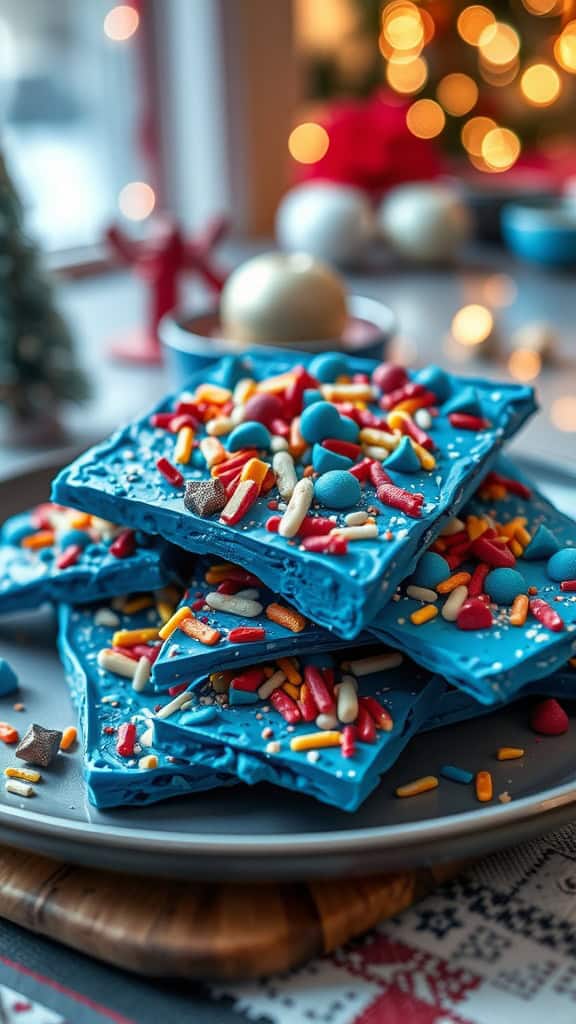 Colorful blue candy bark with assorted toppings on a plate.