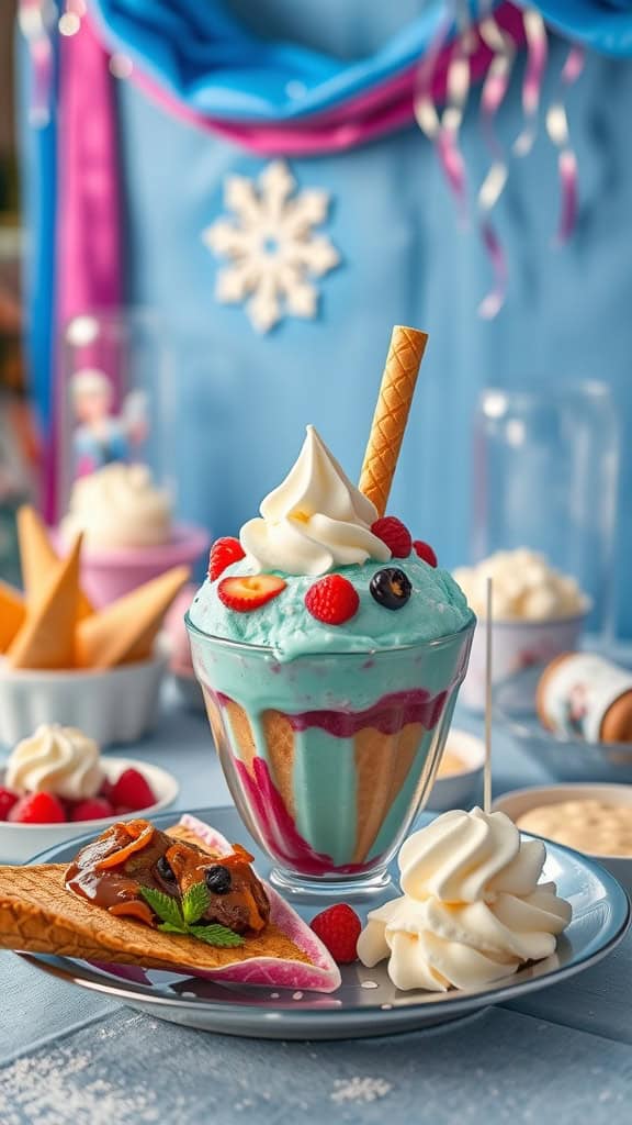 A fun and colorful setup for a blue ice cream sundae bar, perfect for a Frozen-themed birthday party.