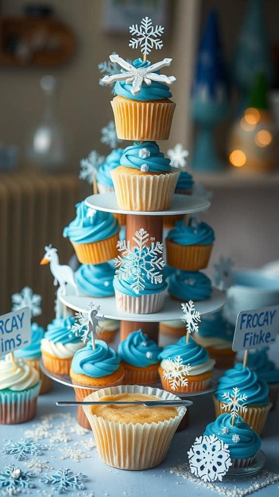 Decorated cupcake tower with blue frosting and snowflake decorations for a Frozen-themed party.