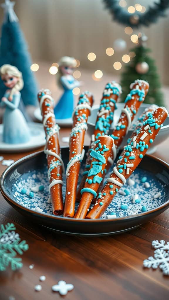 A bowl filled with pretzel wands decorated with blue and white sprinkles, perfect for a Frozen-themed party.