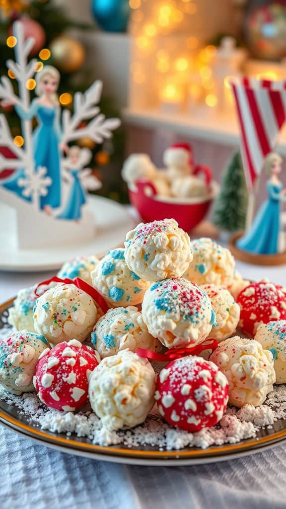 Sweet and salty popcorn snowballs inspired by Frozen 2, decorated with colorful sprinkles.