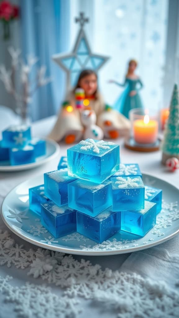 A festive display of blue jello squares decorated with snowflakes, perfect for a Frozen-themed birthday party.