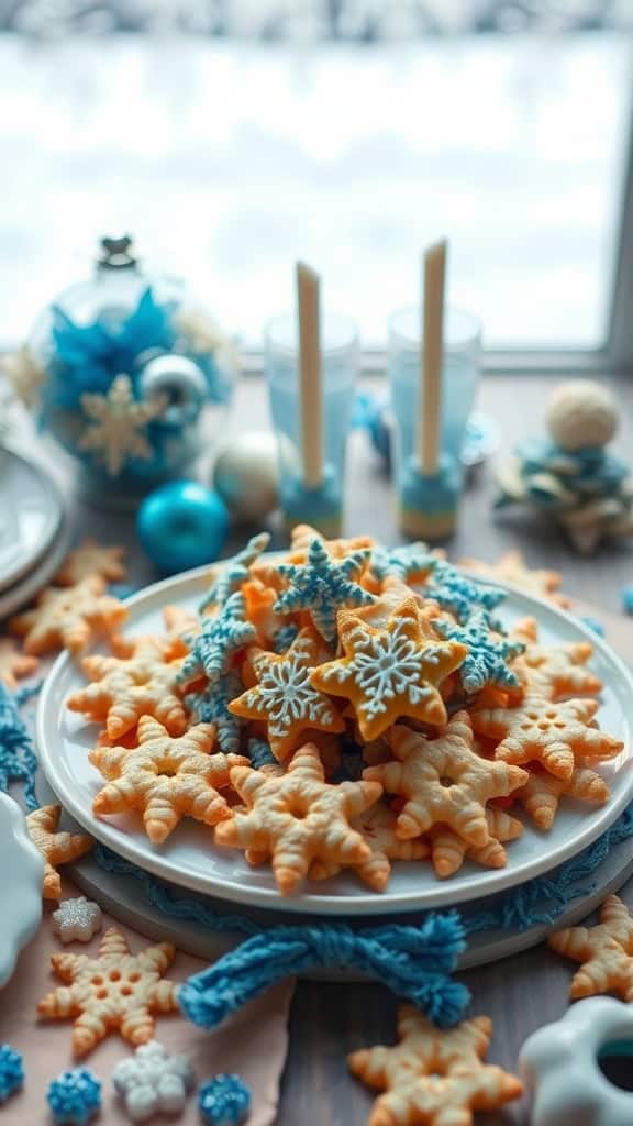 Snowflake-shaped cheese crackers on a platter, perfect for a Frozen-themed birthday party.