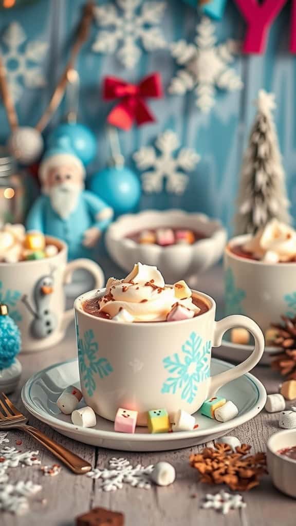 Hot cocoa with whipped cream and colorful toppings in festive cups