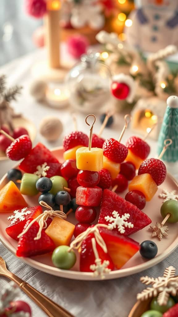 Colorful fruit skewers with strawberries, blueberries, grapes, cantaloupe, and watermelon.