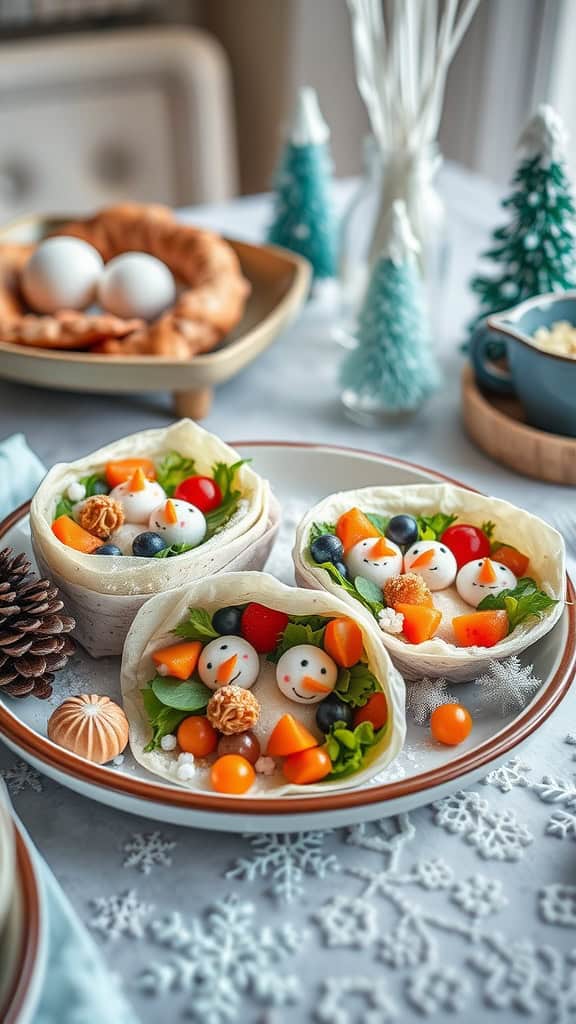 Colorful wraps filled with vegetables and fruits, styled like snowmen, perfect for a Frozen-themed birthday party.