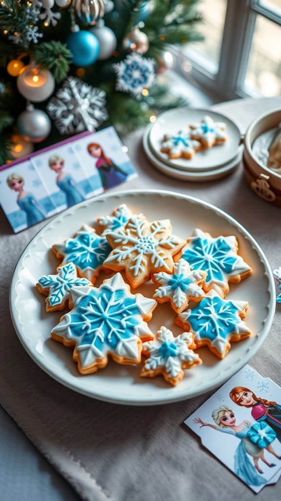 Decorated snowflake sugar cookies suitable for a Disney Frozen theme