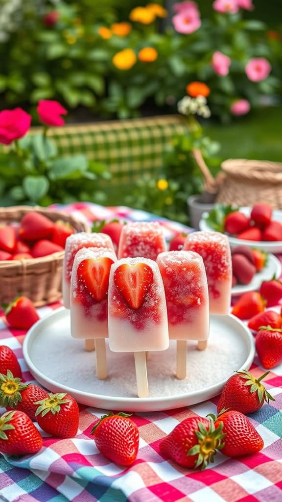 Frozen strawberry pops on a plate with fresh strawberries around