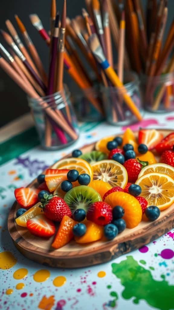 A vibrant fruit platter featuring strawberries, blueberries, kiwi, mandarin oranges, pineapple, lemon slices, and raspberries.