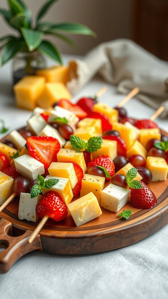 Colorful fruit and cheese kabobs on a wooden platter, garnished with mint.