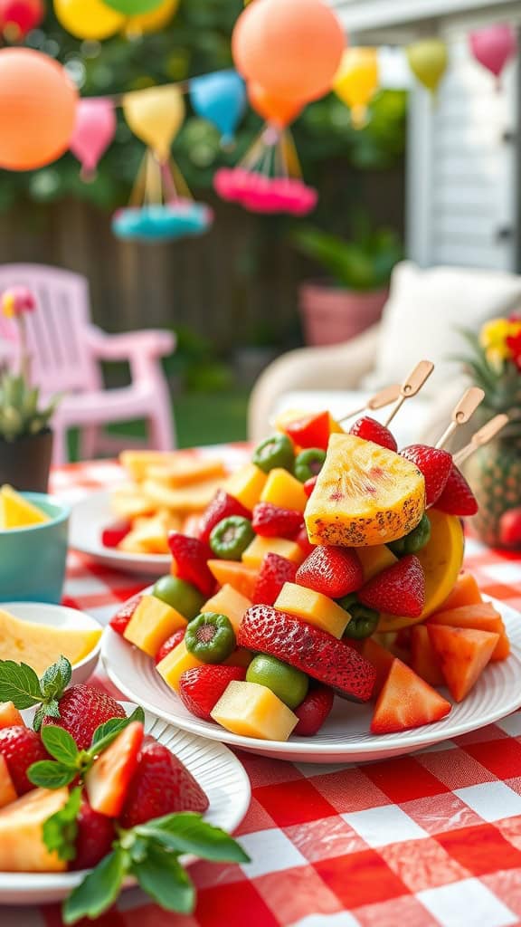 Colorful fruit kabobs made with strawberries, grapes, pineapple, and melon, perfect for a backyard party.