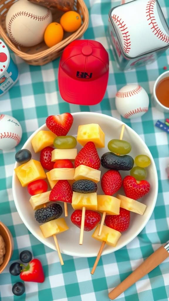 Colorful fruit skewers on a platter, perfect for a baseball party