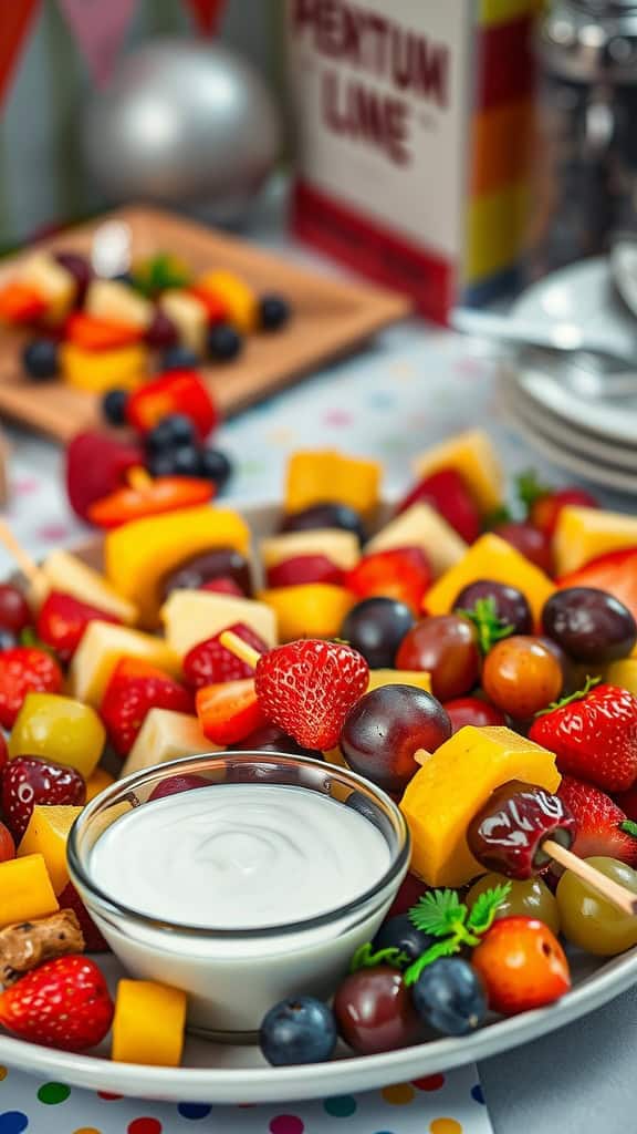 Colorful fruit skewers with a creamy yogurt dip