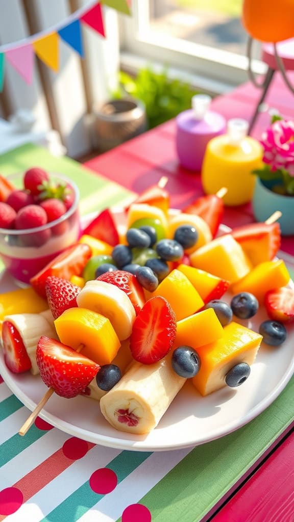 Colorful fruit skewers with strawberries, blueberries, mango, banana, and kiwi on a platter.