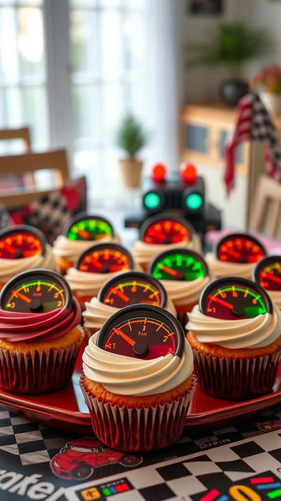 Colorful cupcakes with traffic light designs on top, perfect for a race car birthday party.