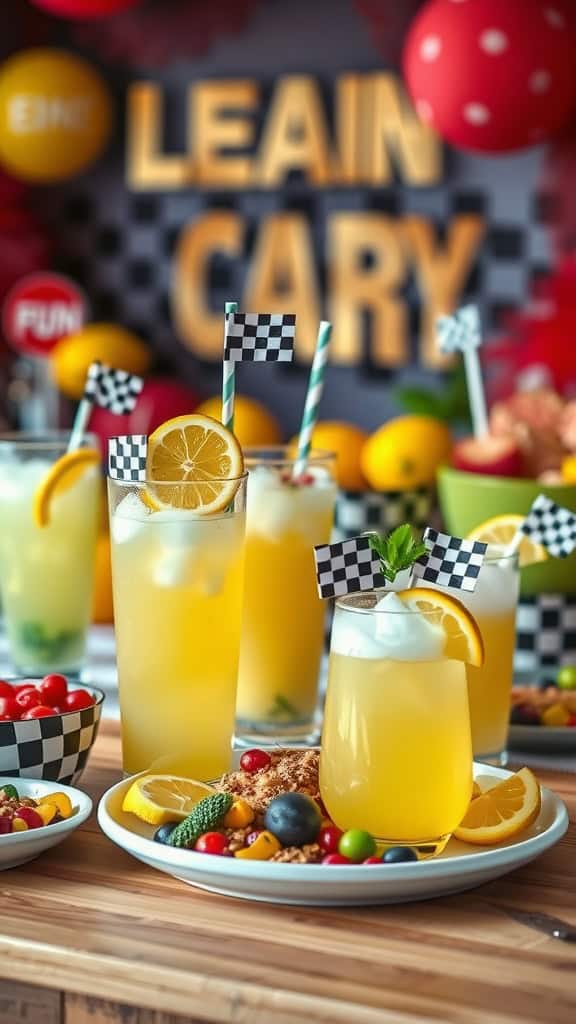 A colorful lemonade bar set up for a race car birthday party, featuring different lemonade flavors and fresh fruits.