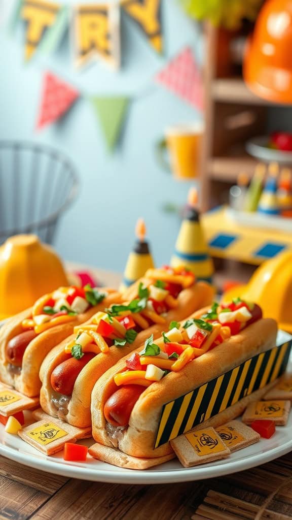 Mini hot dogs topped with cheese, tomatoes, and green onions, served in construction-themed bun holders.