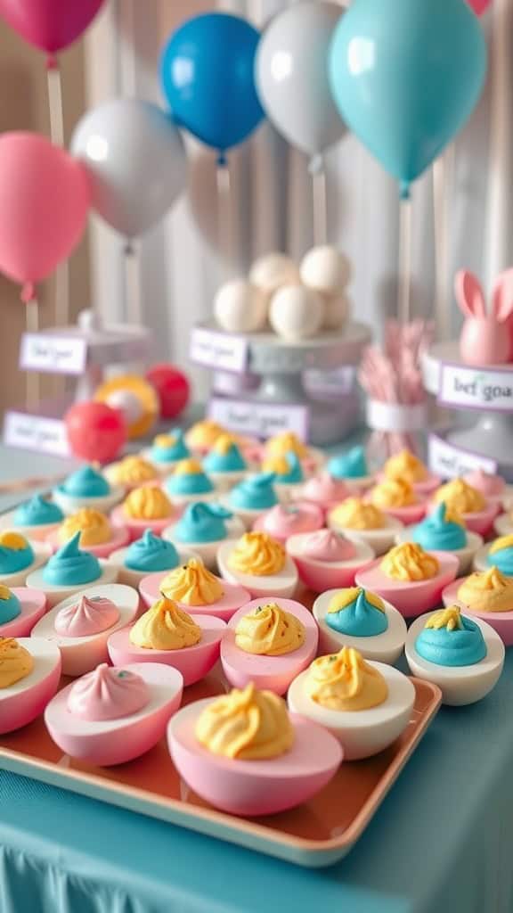 Colorful deviled eggs in blue and pink for a gender reveal party.