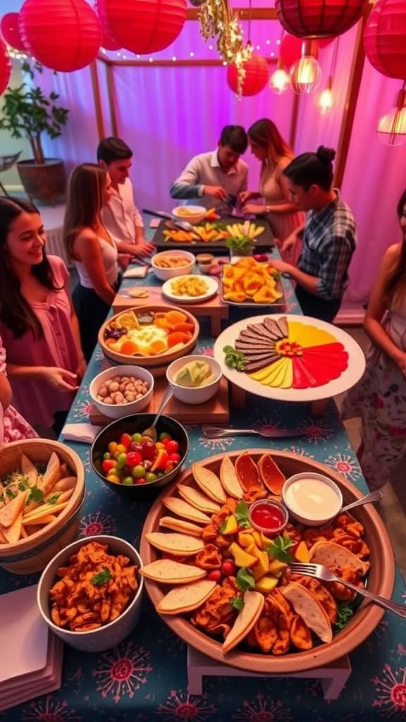 A vibrant engagement party food station with a variety of fresh ingredients for guests to create their own tacos and nachos.